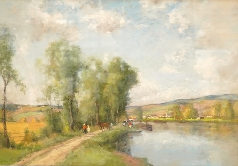 André des Fontaines (1869-1910), A river scene with figures, signed lower left, pastels, 36 x 53cm